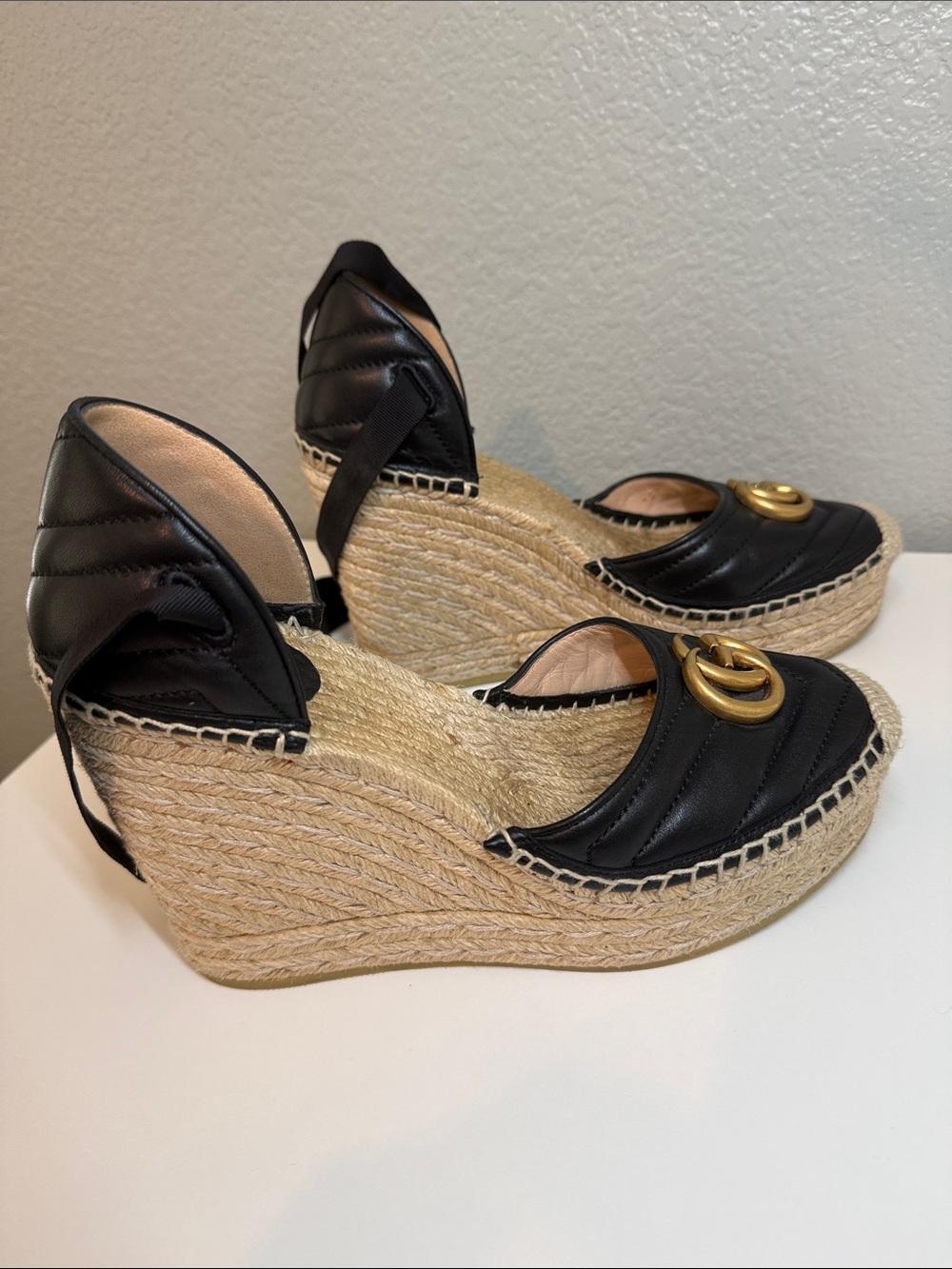 Gucci Black Leather GG Espadrille Wedges with Ribbon Ties - Picture 4 of 14